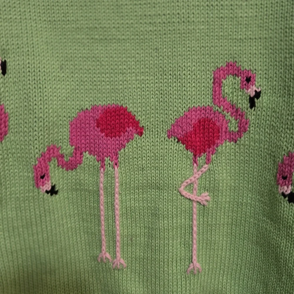 Vintage‎ 90s Rey Wear Size S Green Flamingo Hand Knit Cardigan - Picture 6 of 7